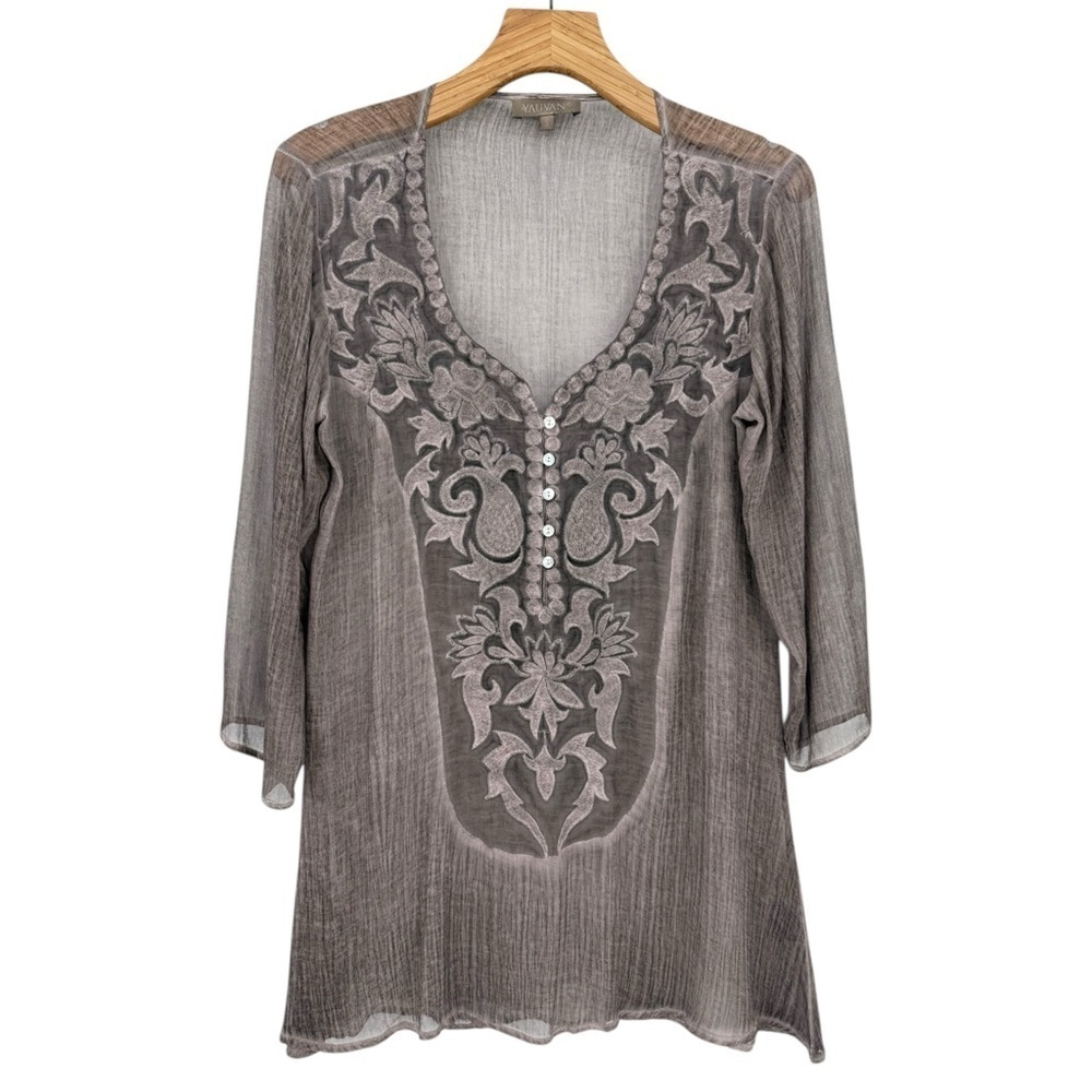 Sundance YAUVAN Sheer Gauze Embroidered 3/4 Sleeve Cover Up Tunic Top in Taupe S